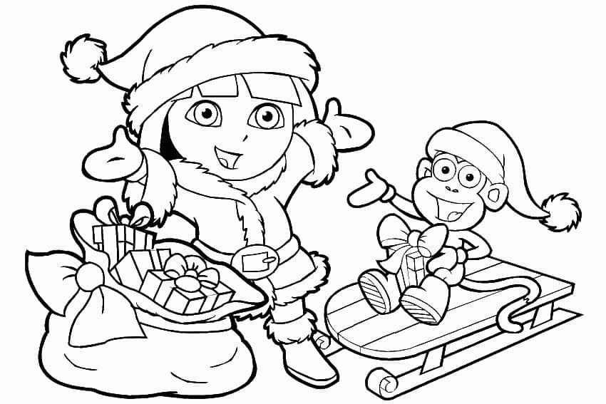 Dora the Explorer and Boots dressed as Santa Claus coloring pages