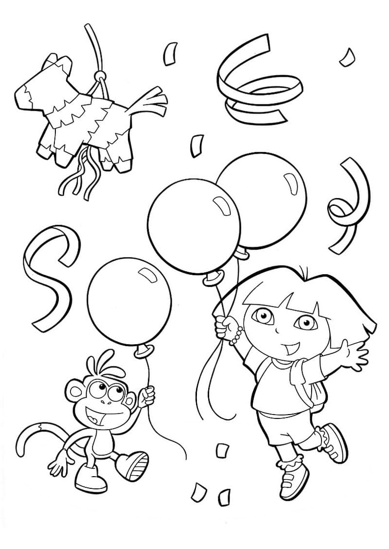 Dora the Explorer and Boots playing with balloons coloring pages