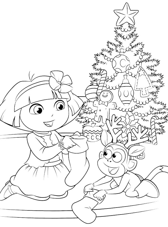 Dora the Explorer and Boots decorating the Christmas tree coloring pages