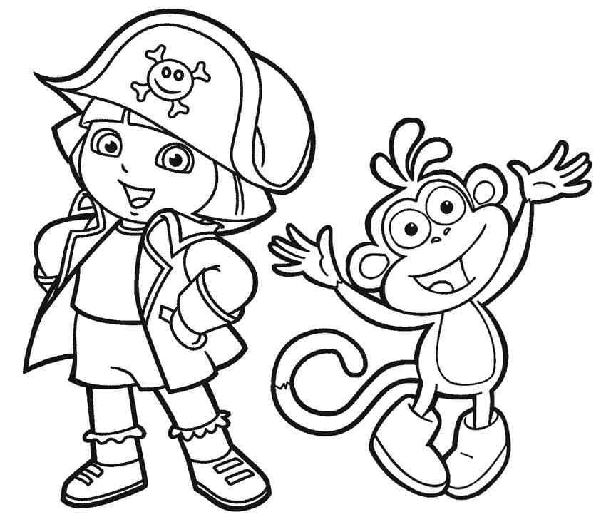 Dora the Explorer dressed as a pirate and Boots coloring pages