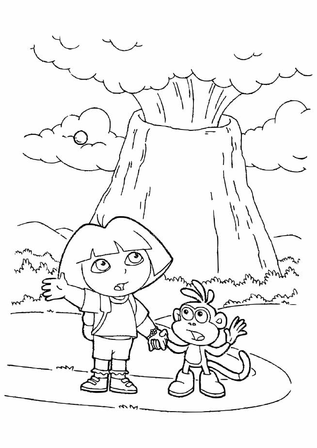 Dora the Explorer and Boots next to a volcano coloring pages