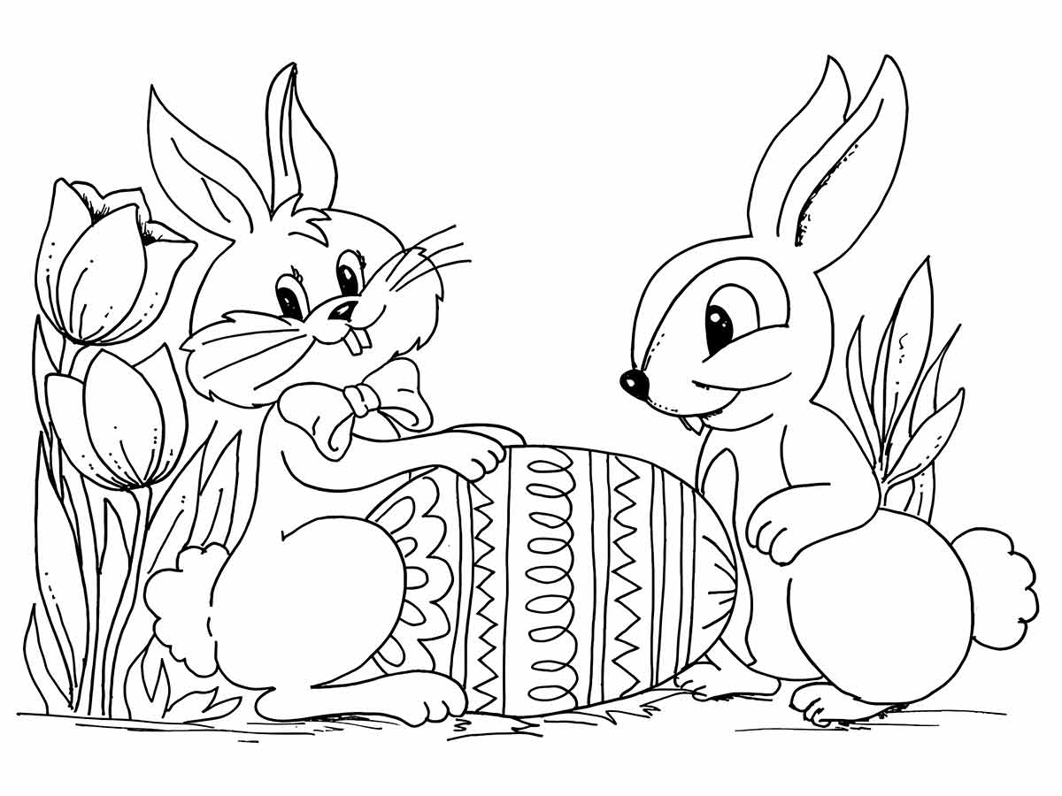 Coloring pages of two Easter Bunnies with a giant egg.