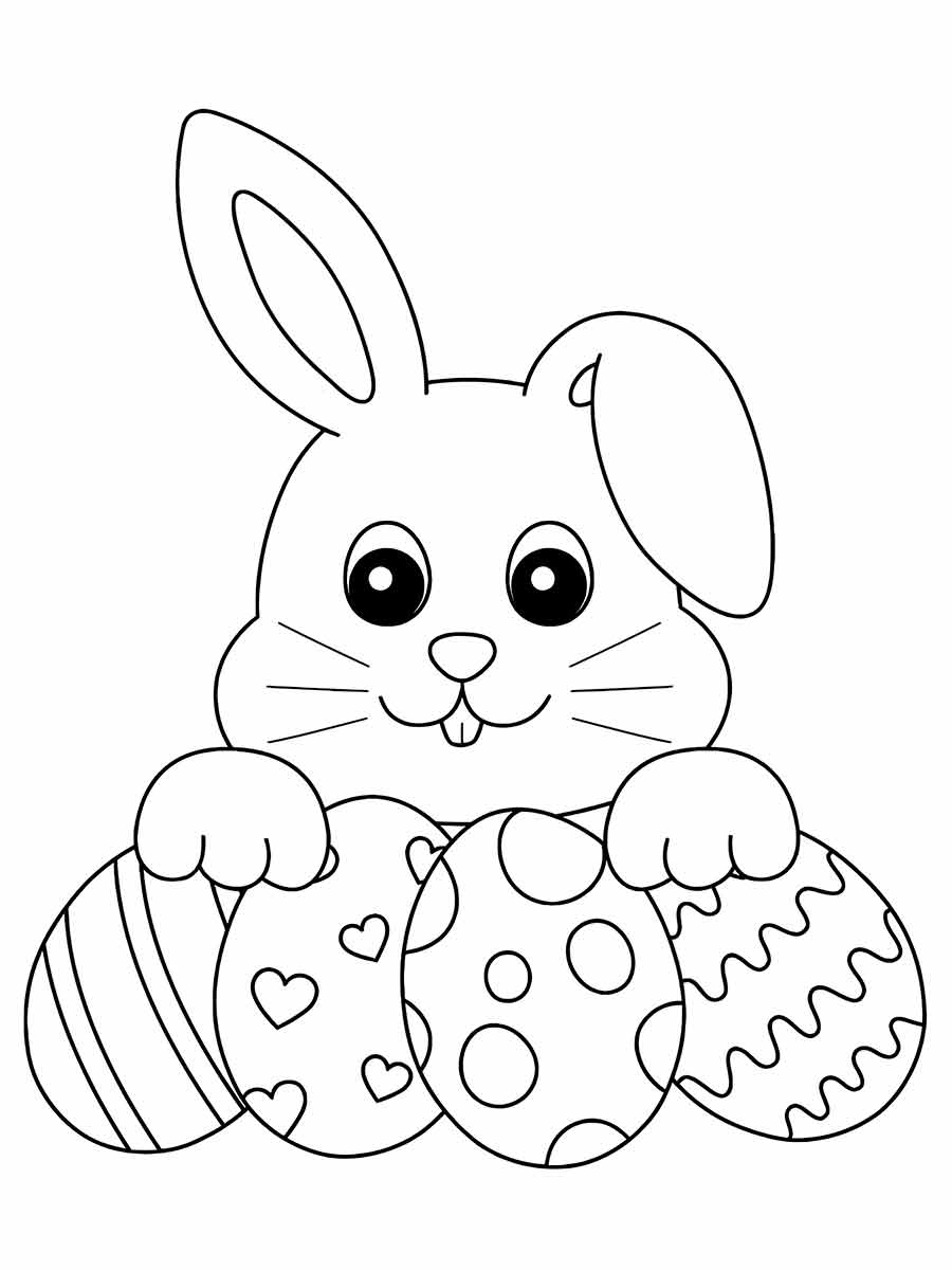 Coloring page of an Easter Bunny with 4 eggs