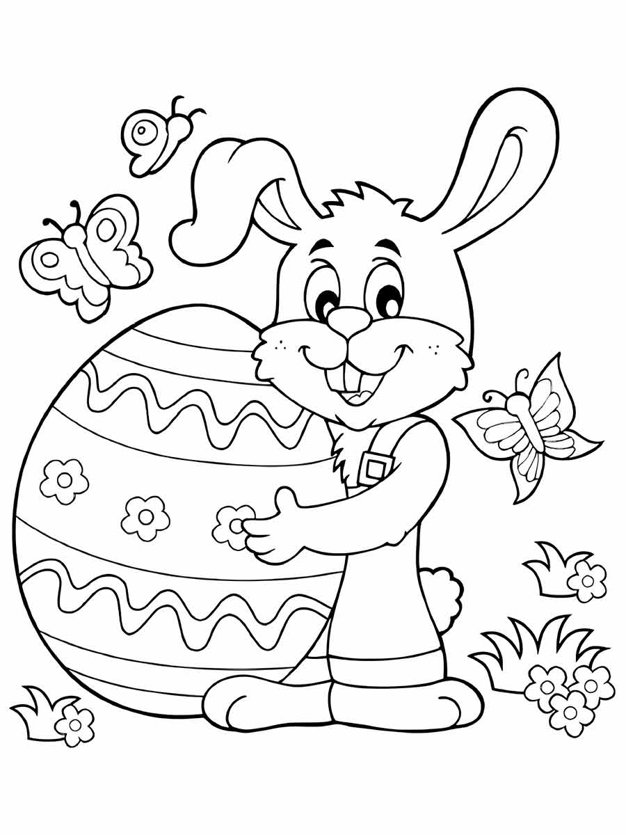 Easter Bunny holding a decorated egg.