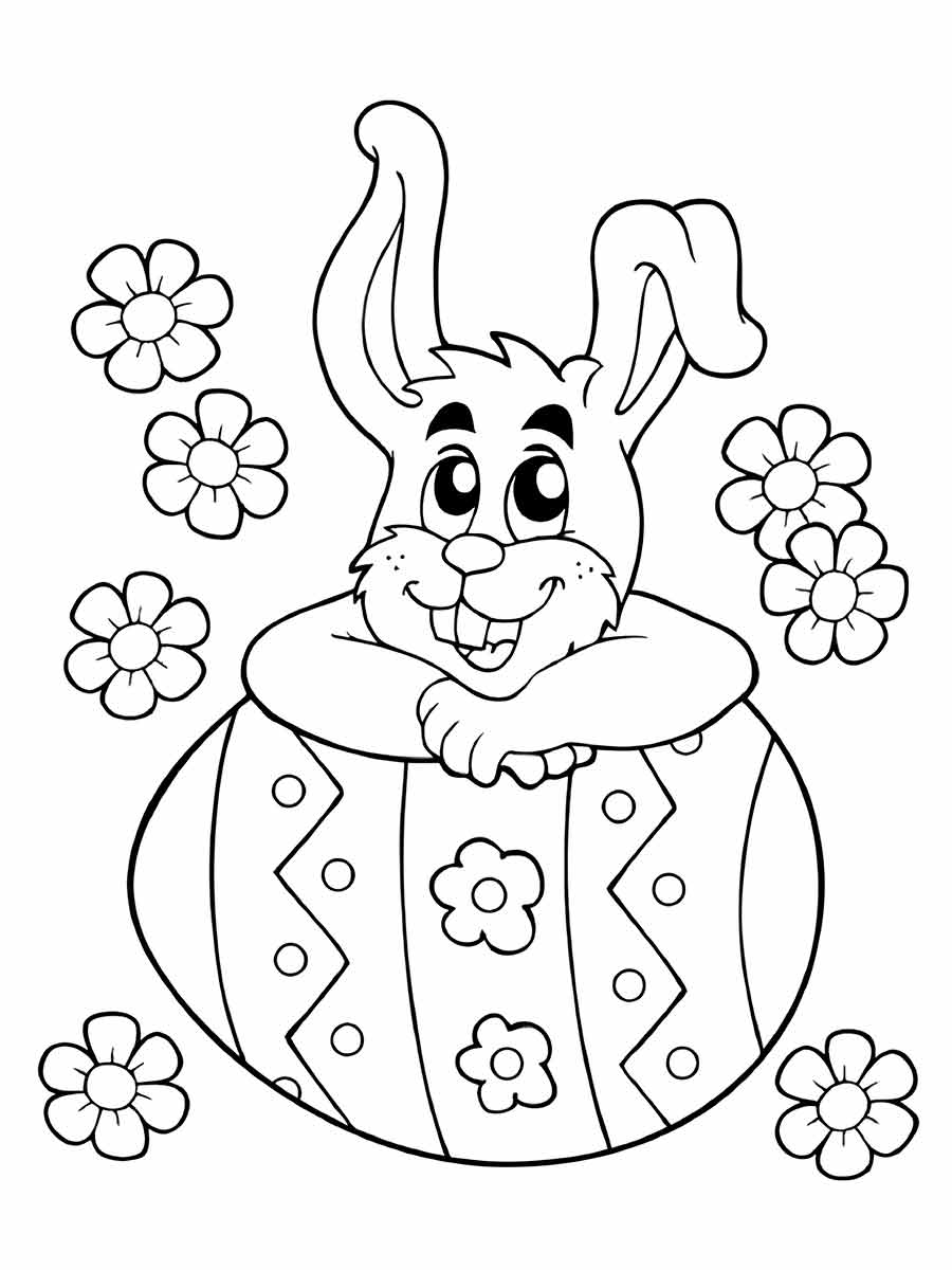 Coloring page of a cartoon bunny with its hands on a decorated Easter egg with flowers and stripes.