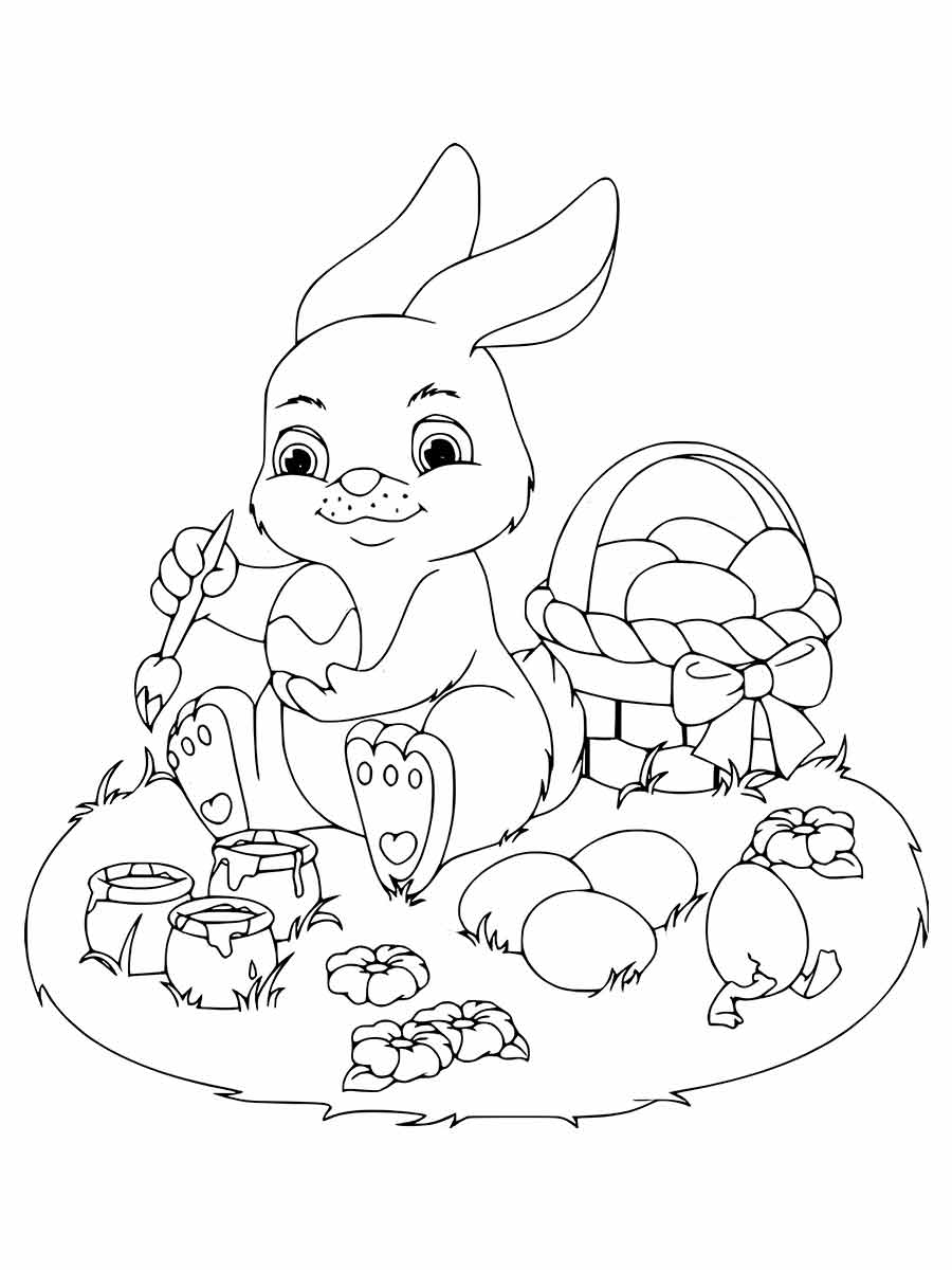 Coloring page of a bunny painting Easter eggs.