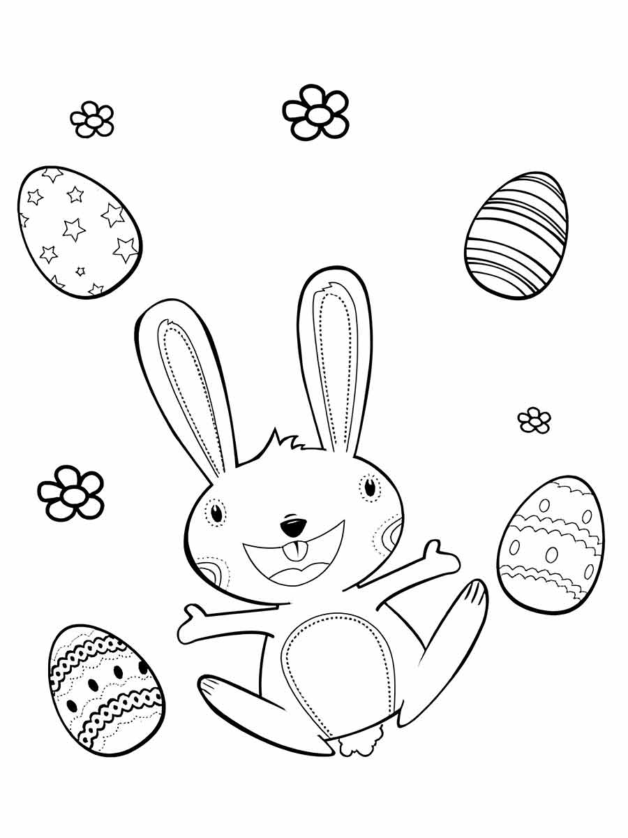 Coloring page of a smiling cartoon bunny waving, surrounded by six Easter eggs and four simple flowers.