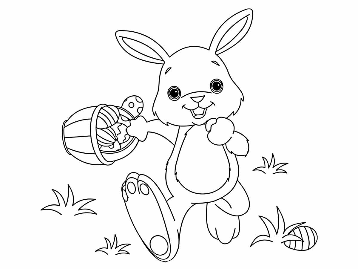 Coloring page of a smiling cartoon bunny holding an Easter basket with eggs.