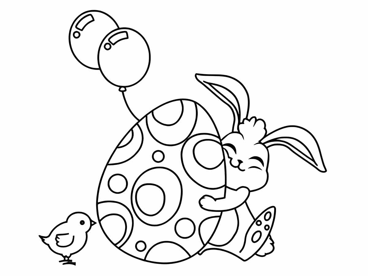 Coloring page of an Easter Bunny hugging a large Easter egg with a bird and two balloons.