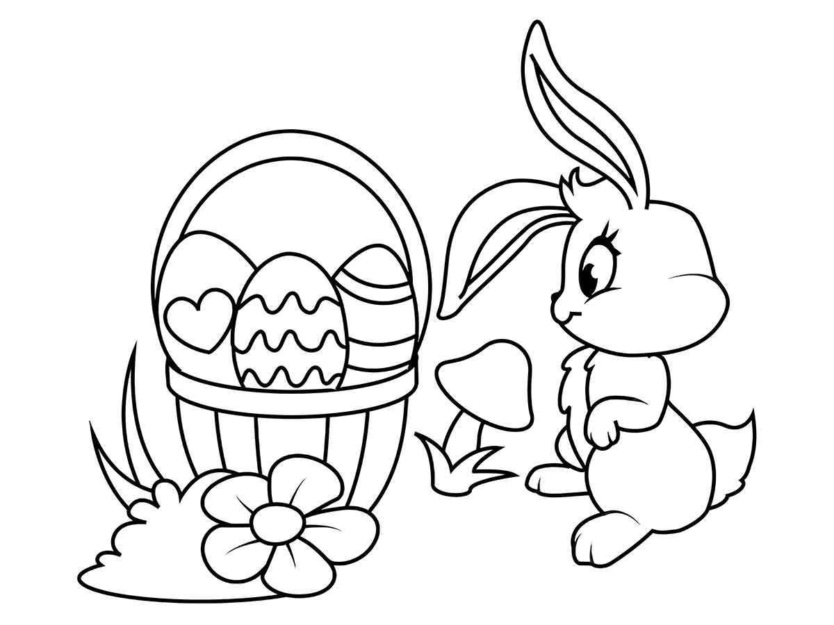 Coloring page of an Easter Bunny looking at a basket full of Easter eggs.