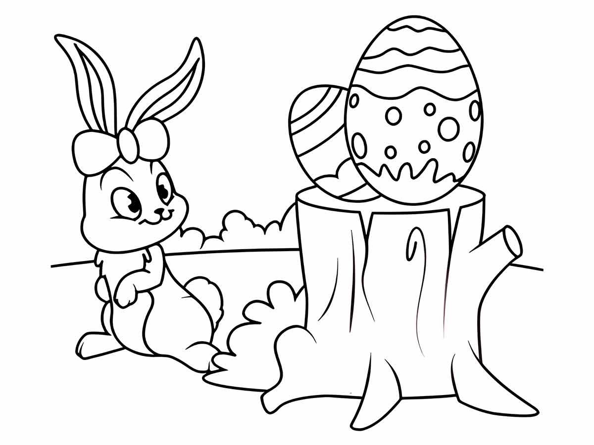 Coloring page of an Easter Bunny and an Easter egg on a tree stump.