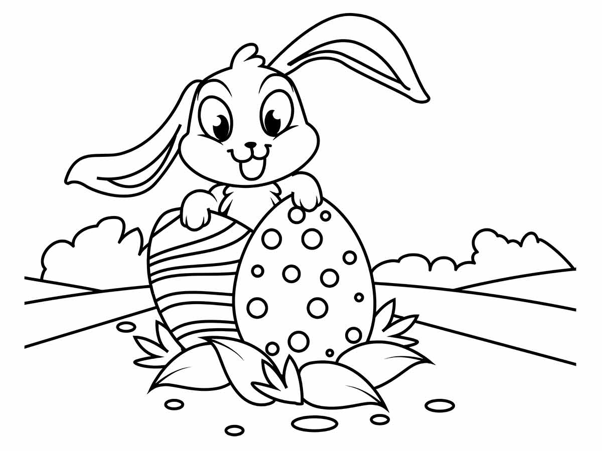 Coloring page of an Easter Bunny holding two Easter eggs.