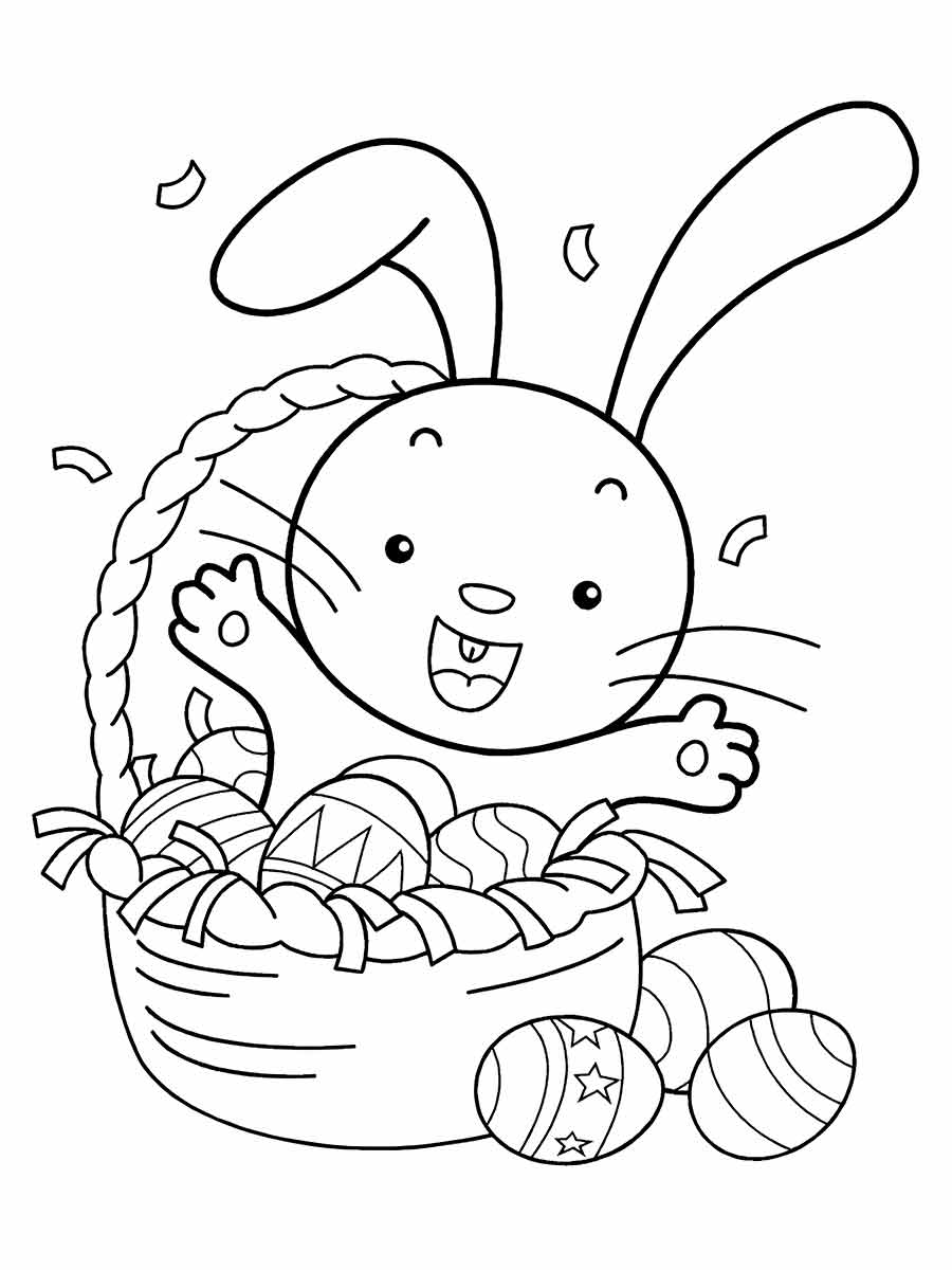 Coloring page of an Easter Bunny in a basket of Easter eggs.