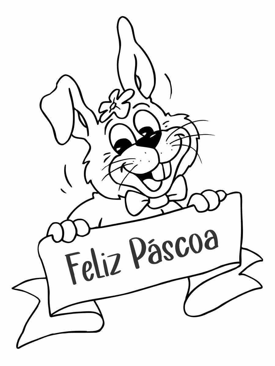 Coloring page of an Easter Bunny holding a banner that says "Happy Easter".