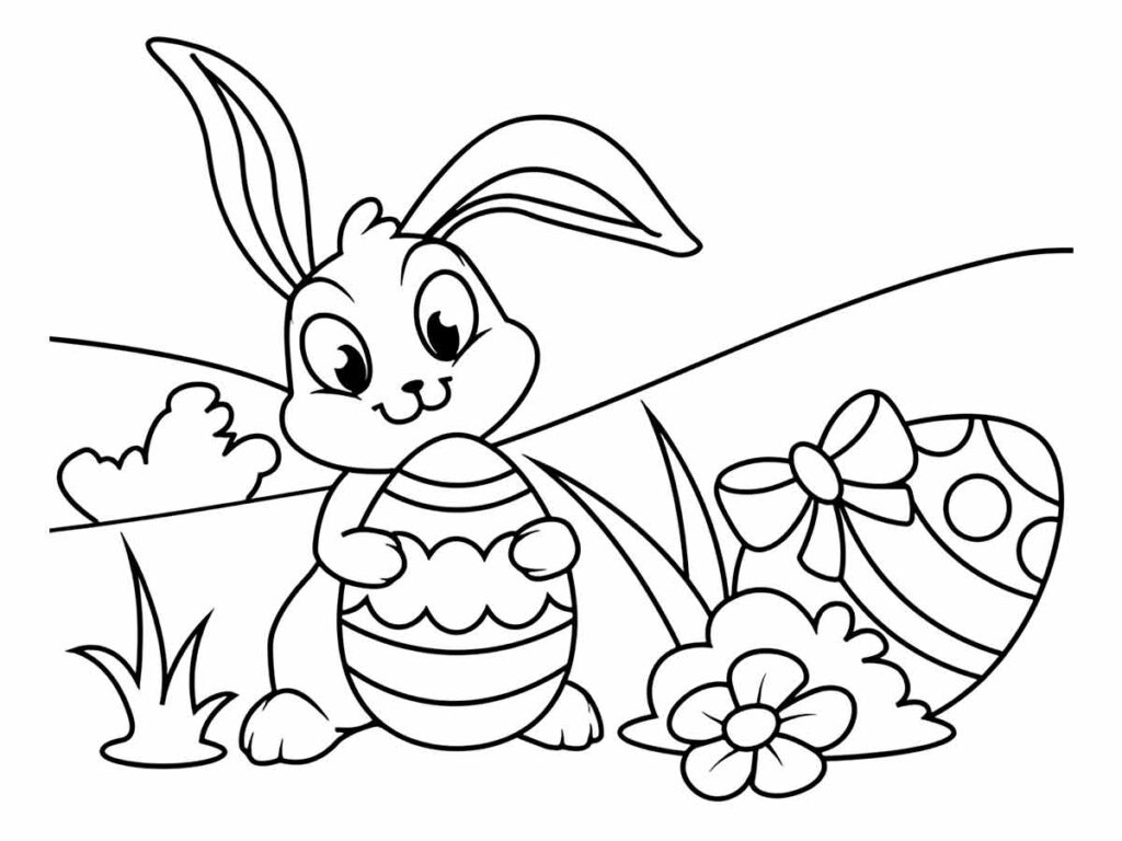 Coloring drawing of a bunny with long ears, holding an Easter egg decorated with stripes and dots. The bunny is standing in a grassy field with a flower and another Easter egg nearby.