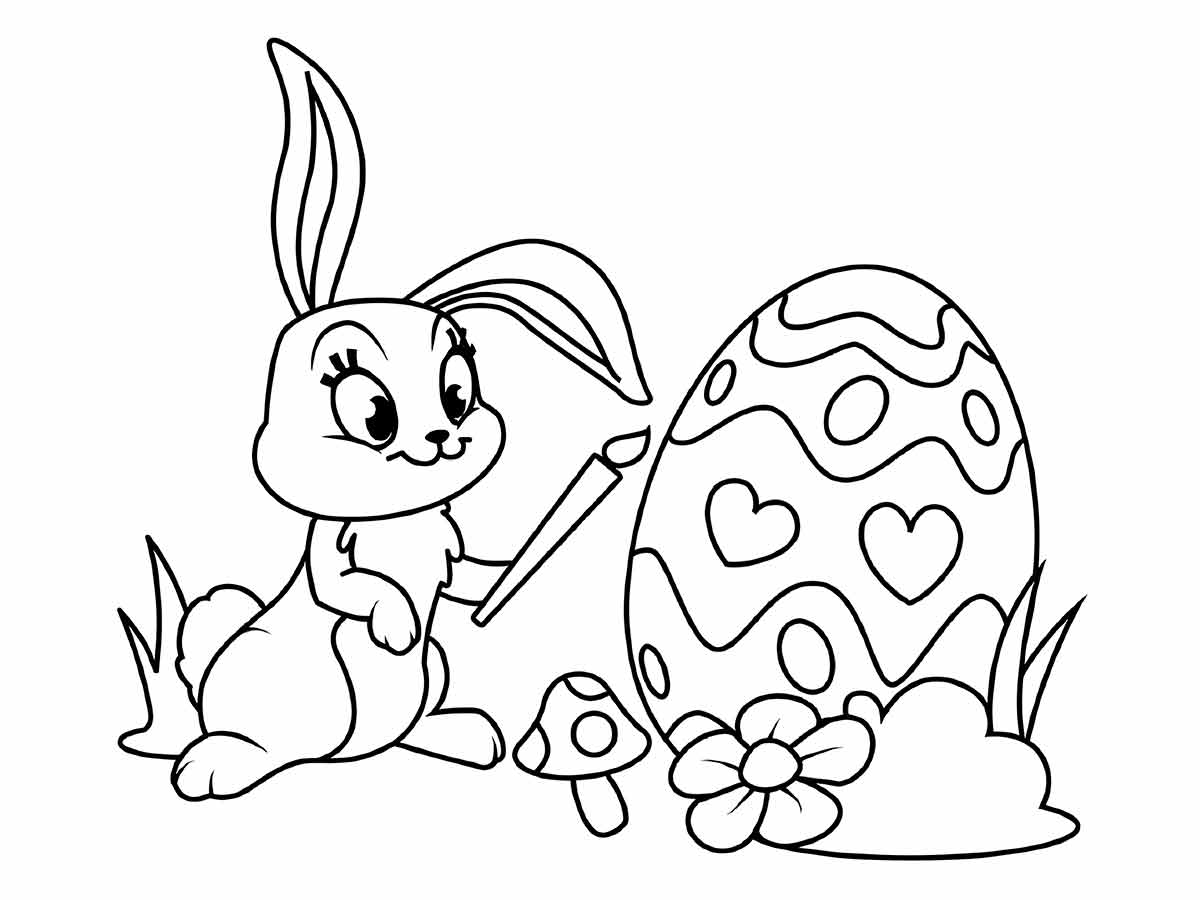 Coloring drawing: a cartoon bunny holding a paintbrush and a large Easter egg decorated with hearts and stripes. Next to the egg, there is a small mushroom and a flower.