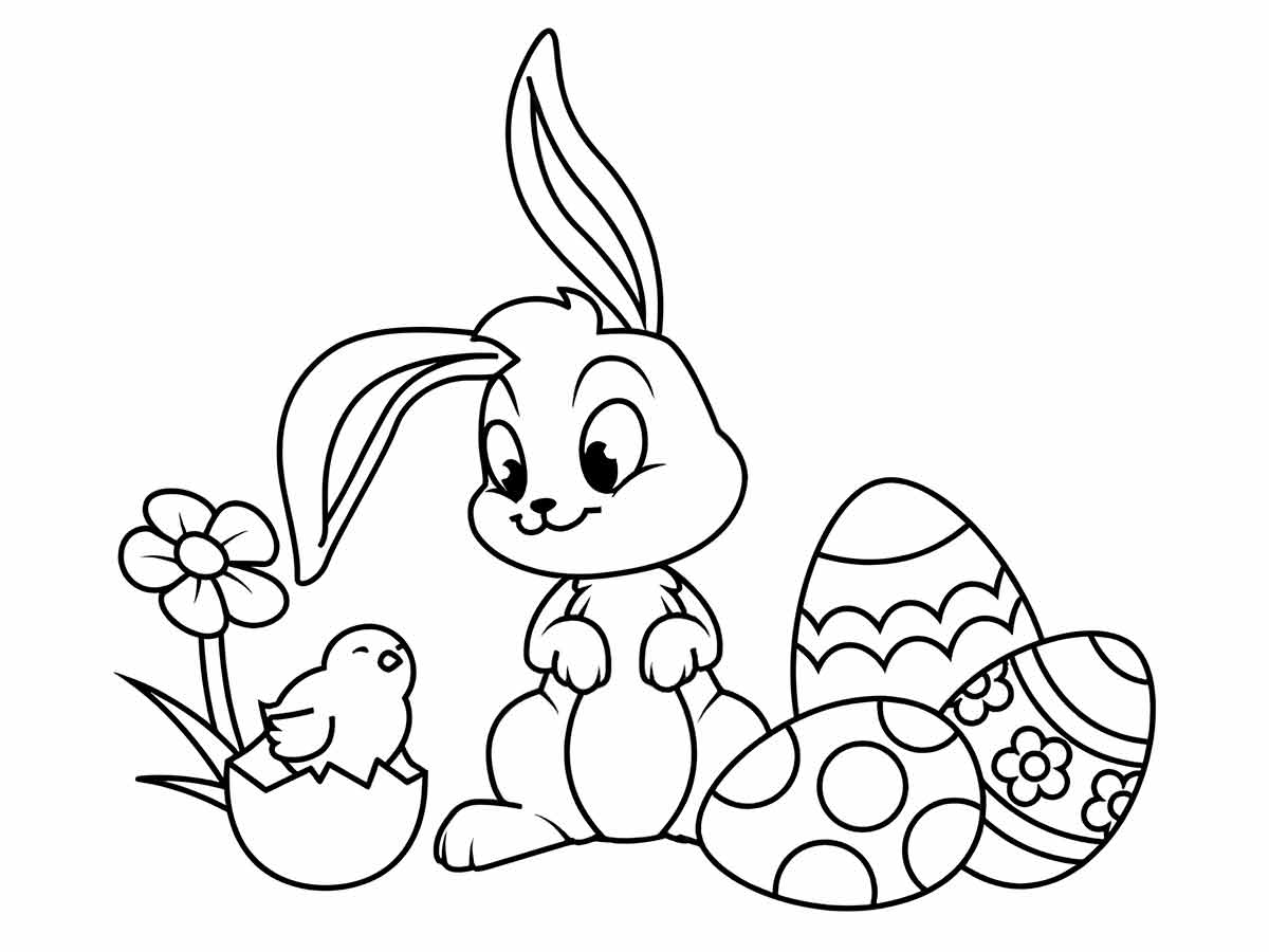 Coloring page of a cartoon bunny sitting next to an Easter egg and a chick hatching from an egg.