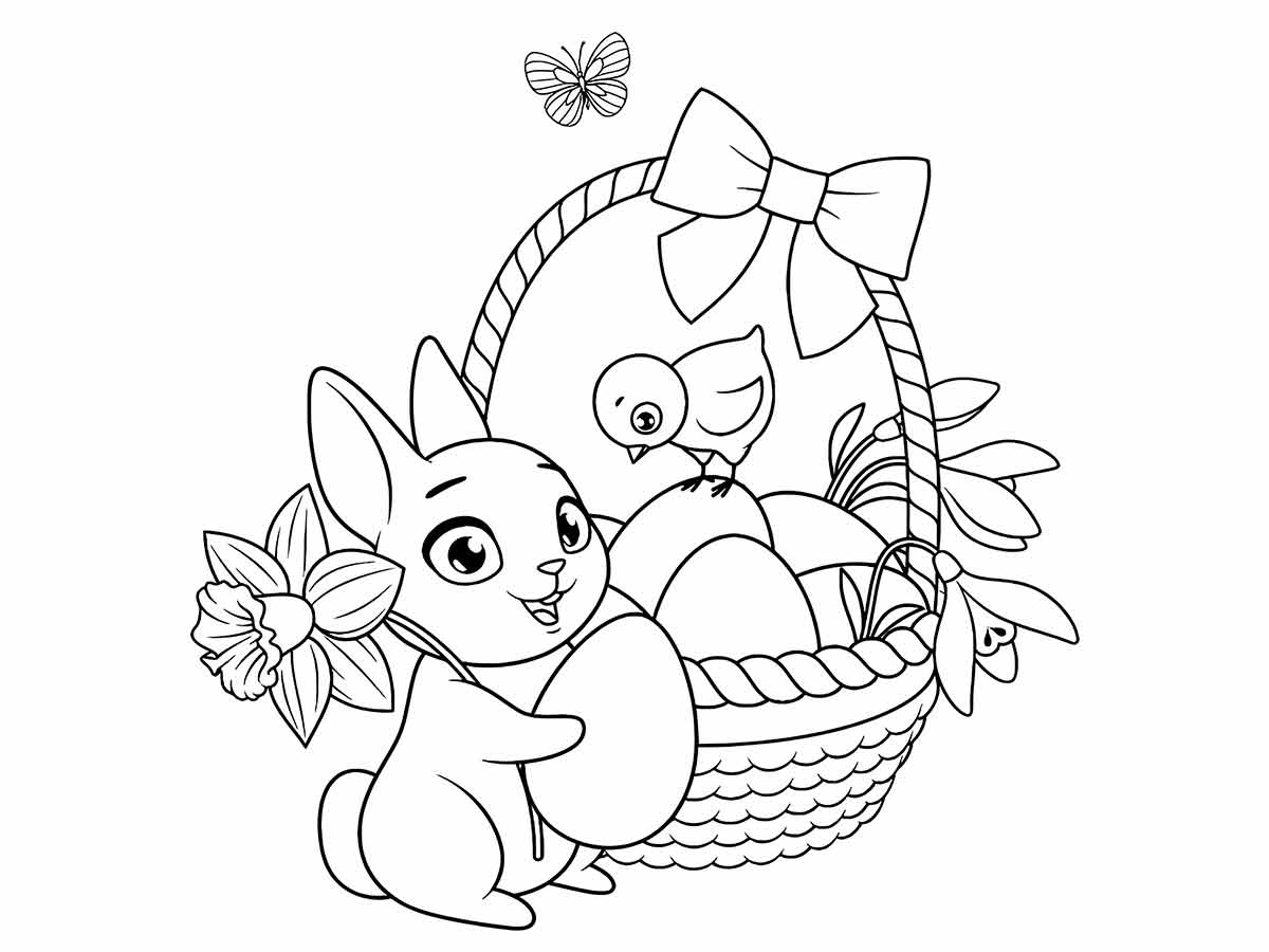 Coloring page of a bunny holding an Easter egg next to a basket of eggs.