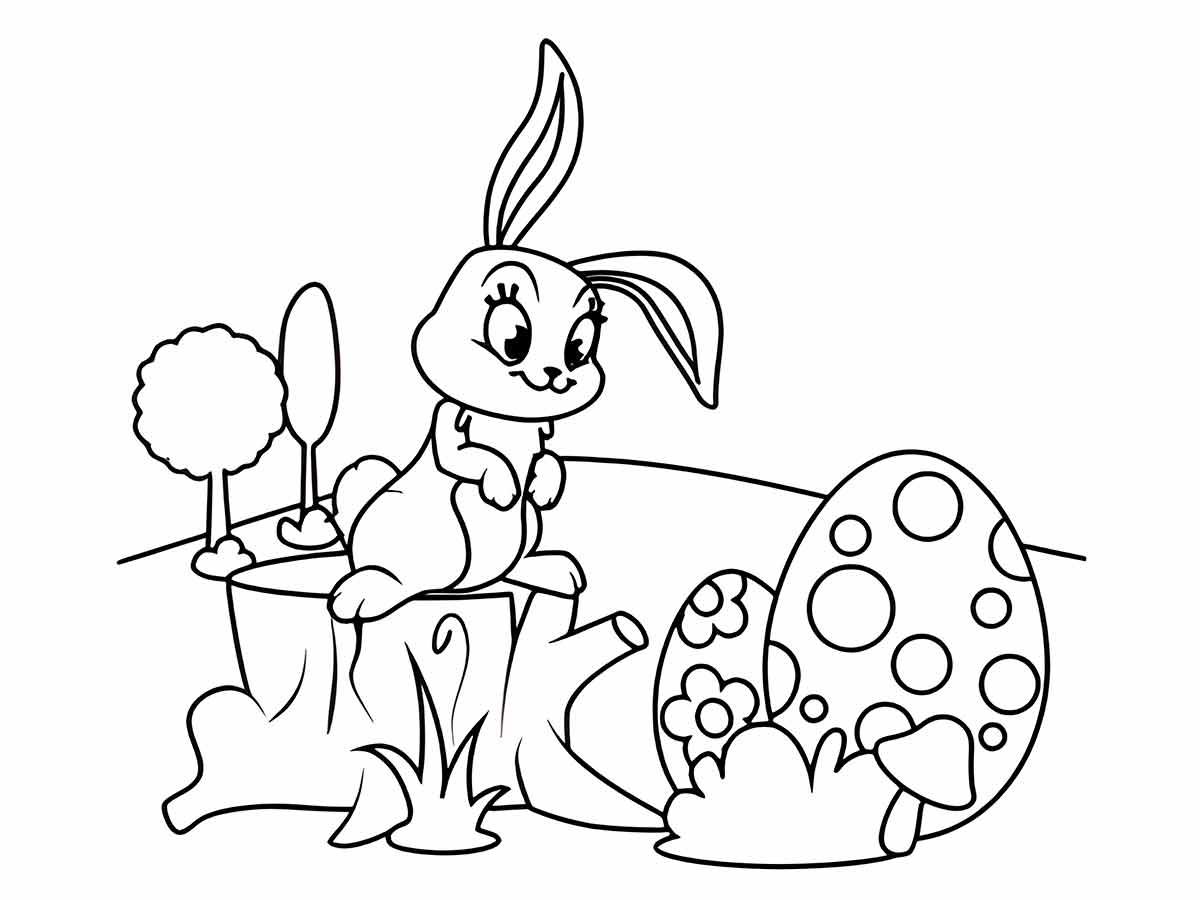 Drawing of a cartoon bunny sitting on a tree stump with an Easter egg.