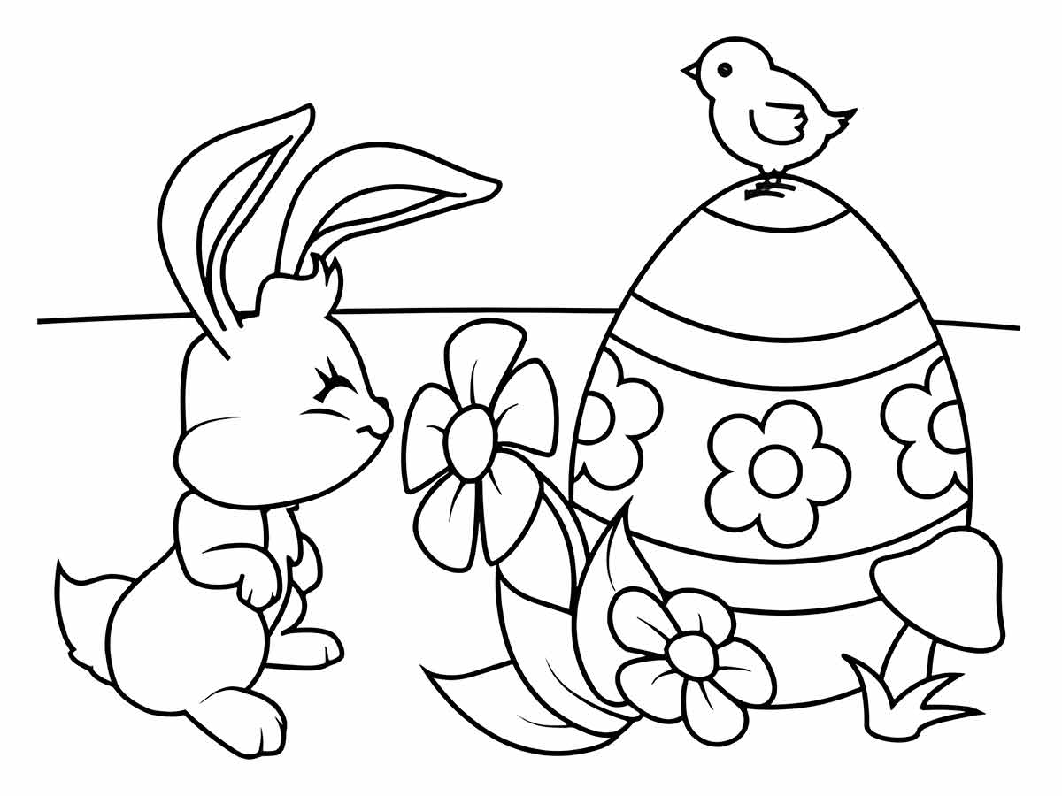 Coloring page of a Bunny and a Bird with an Easter egg to decorate.