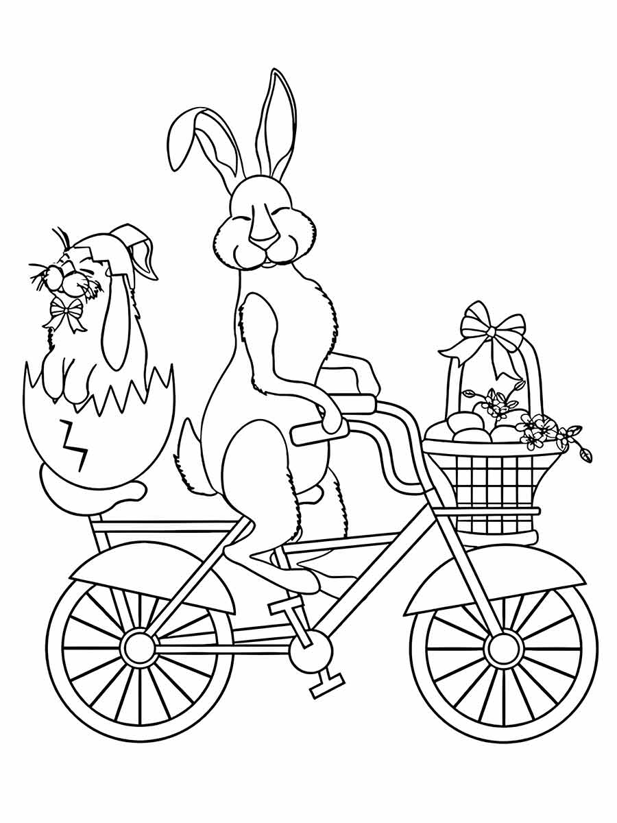 Easter Bunny riding a bike with a basket of eggs.