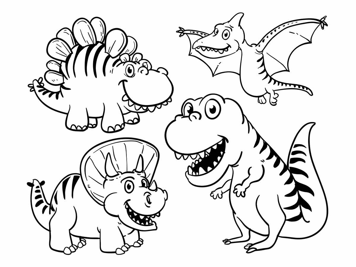 Coloring page of four cartoon dinosaurs: a stegosaurus, pterodactyl, T-Rex, and triceratops, with big heads and small bodies.