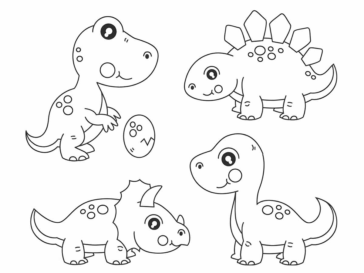 Coloring page of four cartoon dinosaurs: a T-Rex, stegosaurus, triceratops, and brachiosaurus, with different facial expressions, the T-Rex holding an egg, in a forest setting.