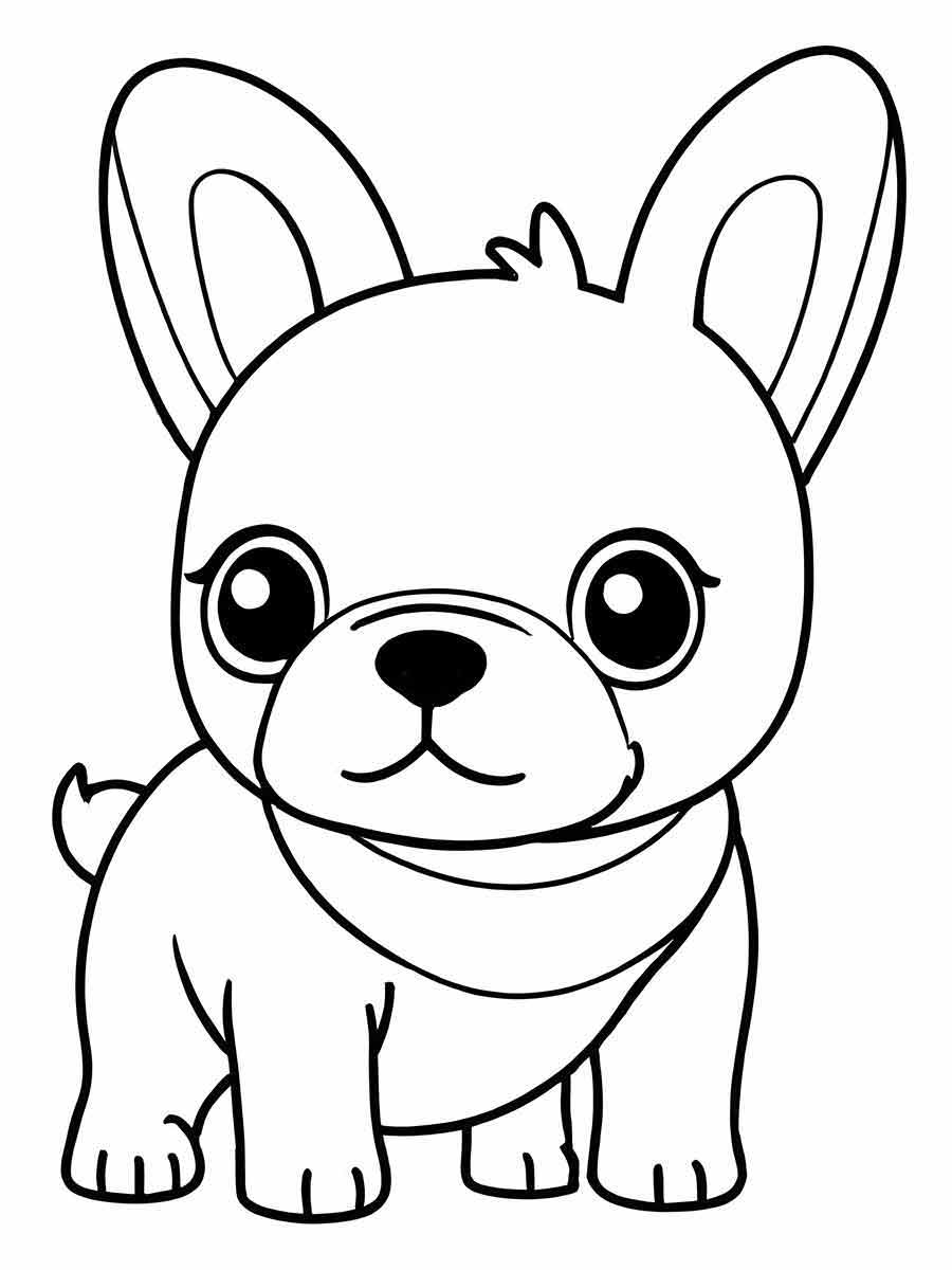 Coloring page of a cartoon French Bulldog with a big head and small body.