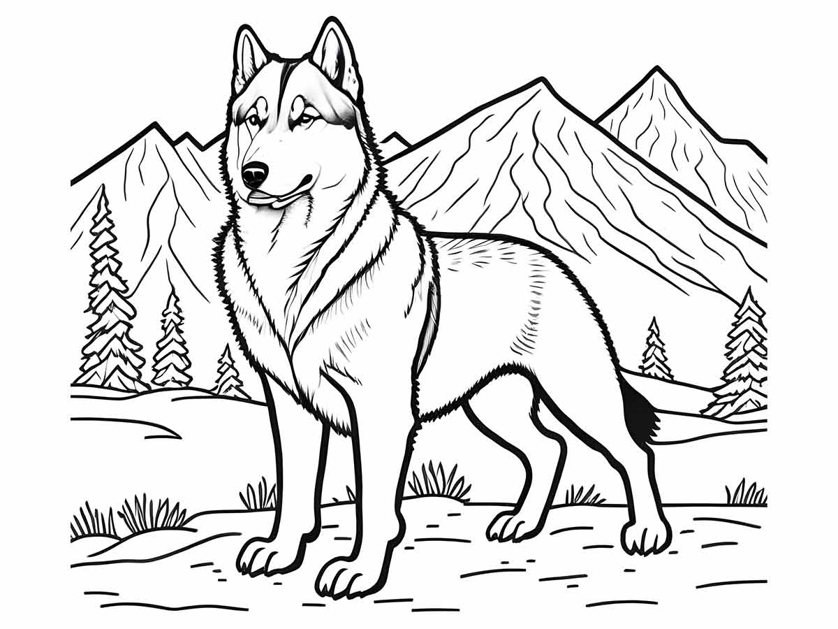 German Shepherd on mountain coloring page