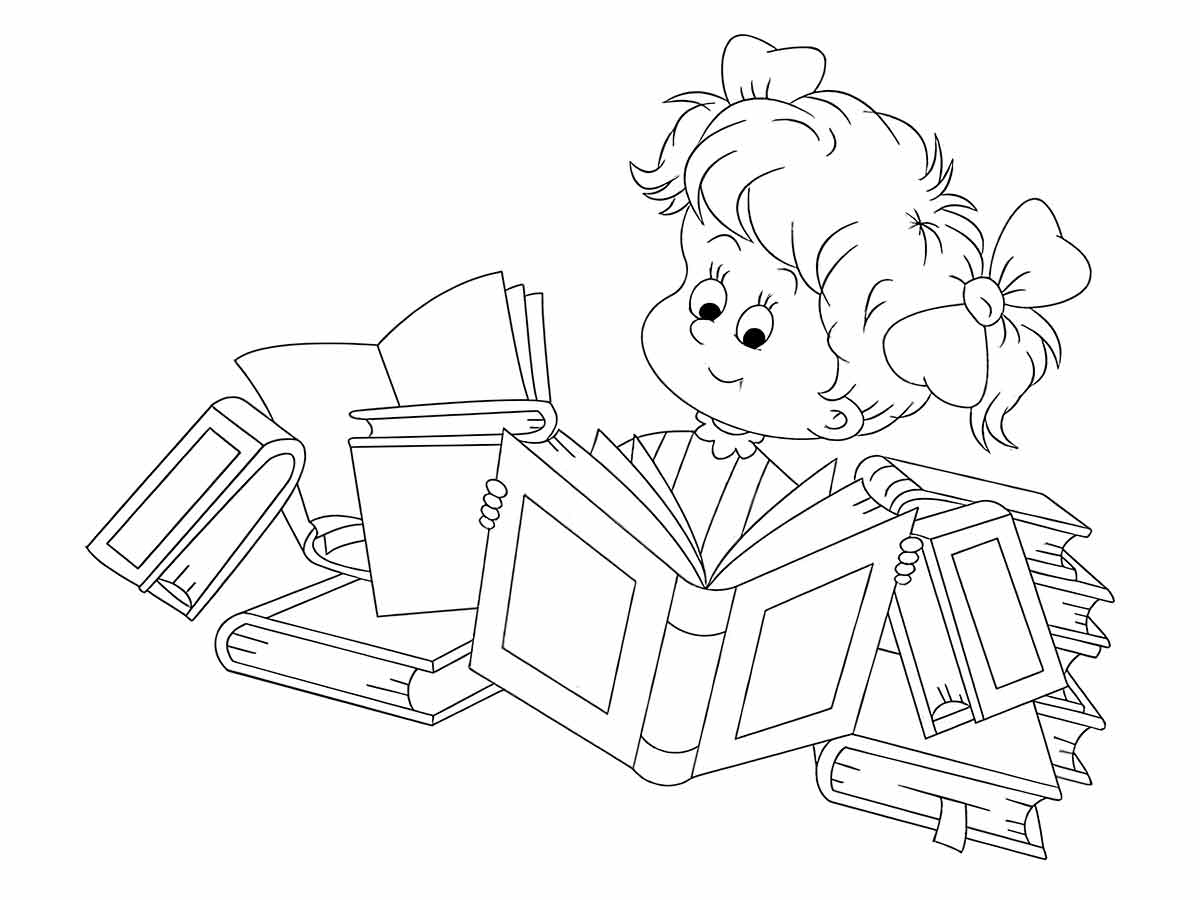 Girl reading books coloring page.