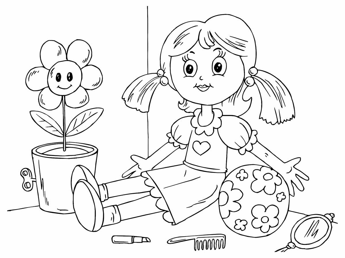 Girl with pigtails and flowers coloring page.