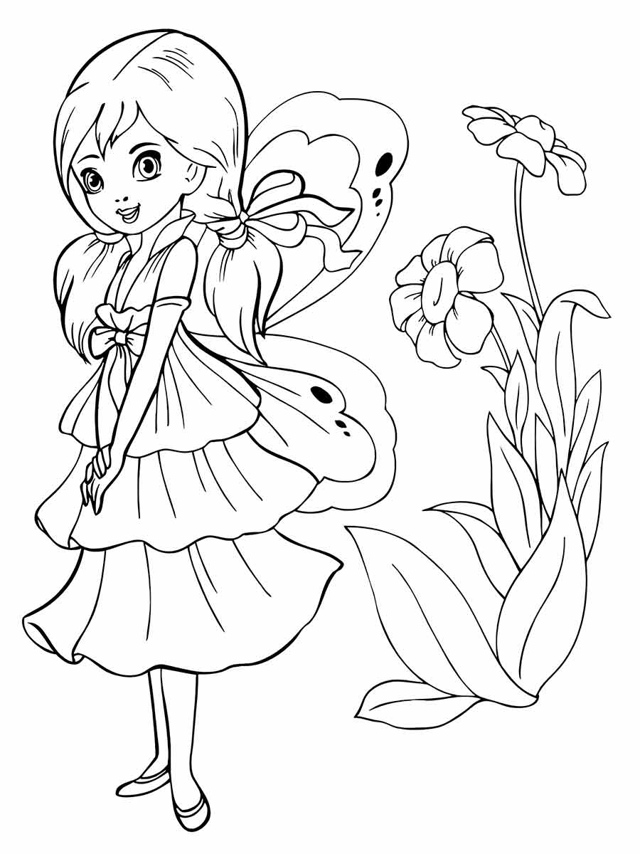 Girl with plants and flowers coloring page.