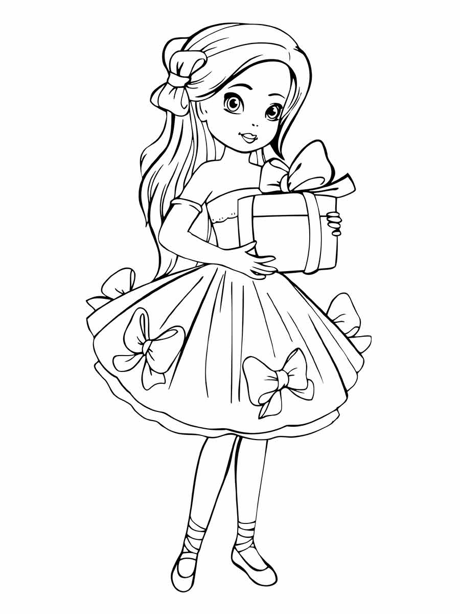 Girl with present coloring page.