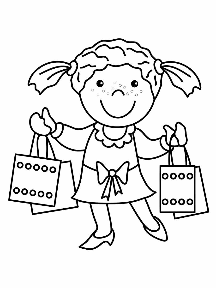 Girl with shopping bags coloring page.