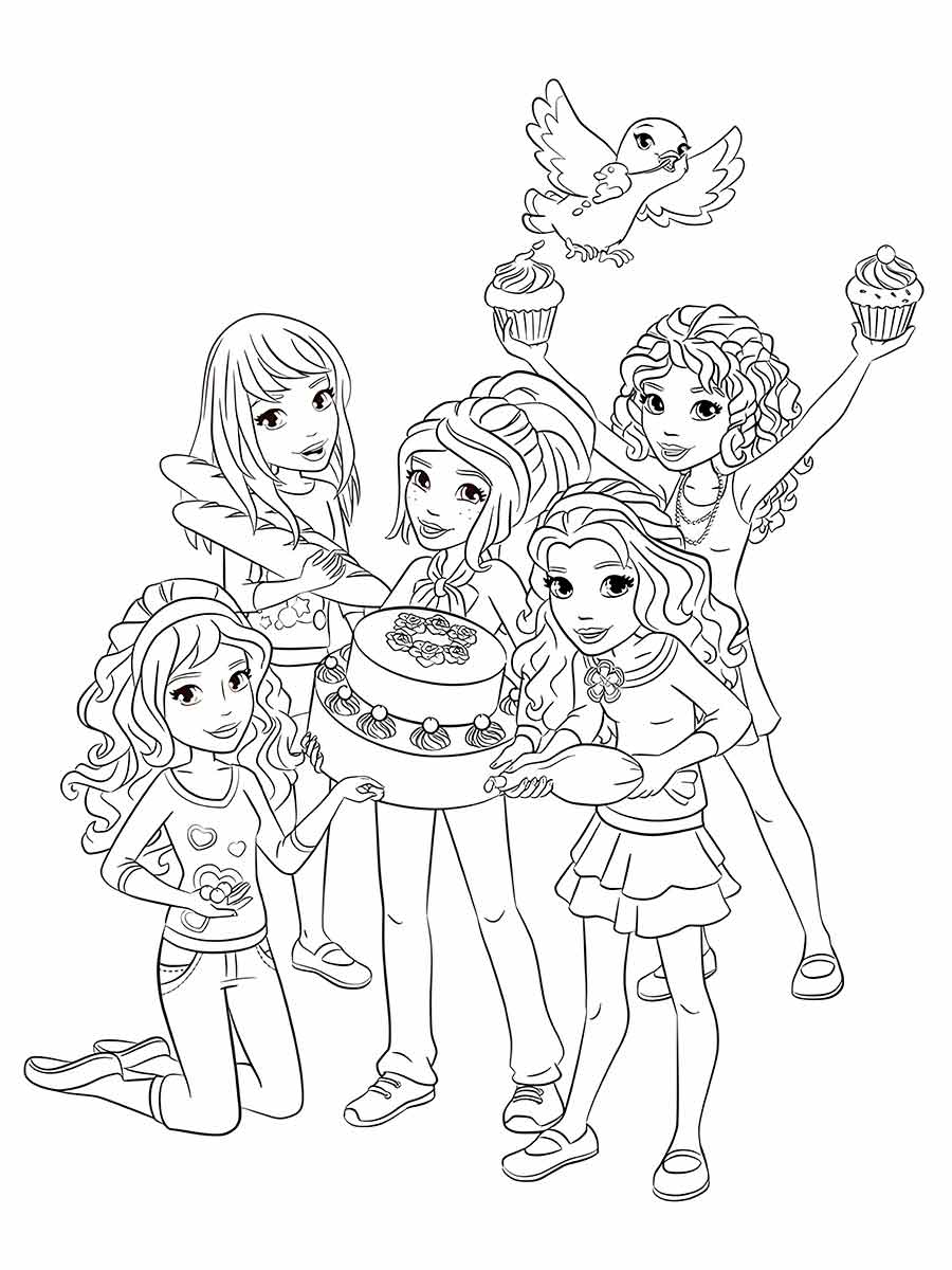 Girls celebrating birthday coloring page.