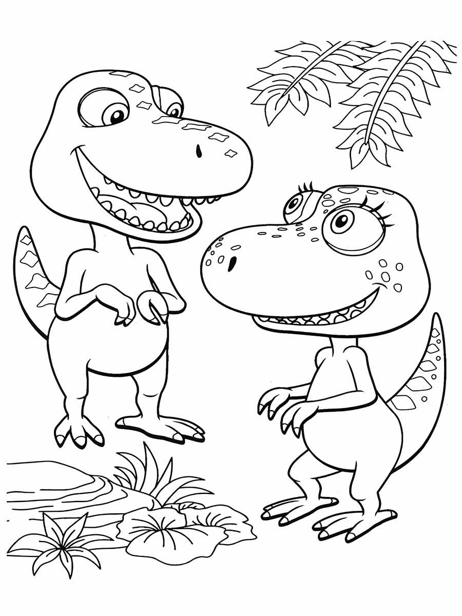 Coloring page of a group of dinosaurs.