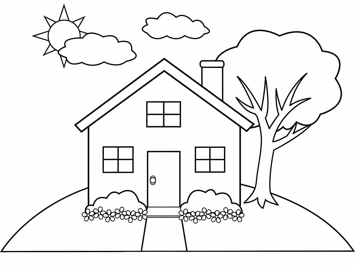 House with Garden and Tree Coloring Page