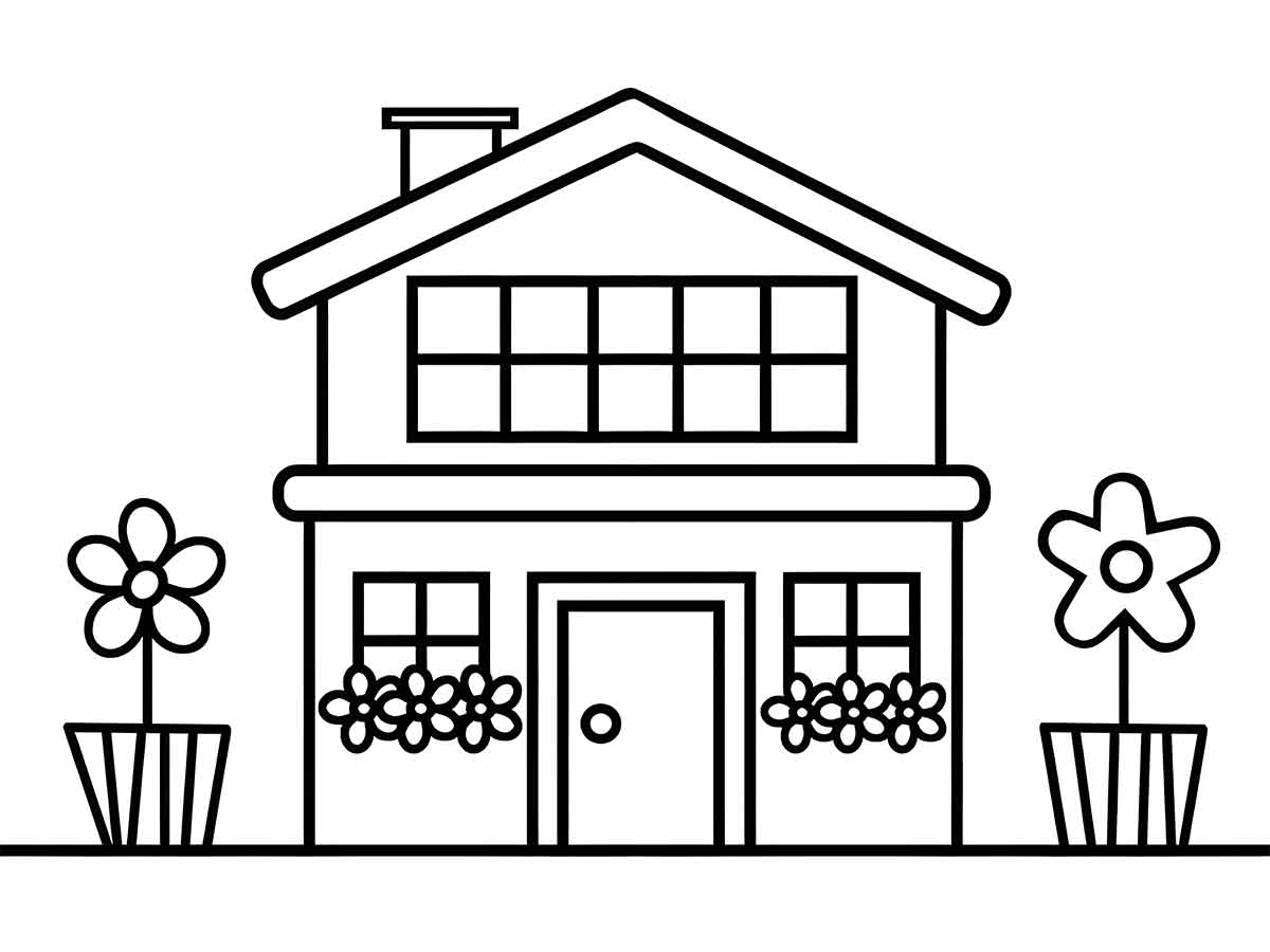 House with Chimney and Flowerpots Coloring Page