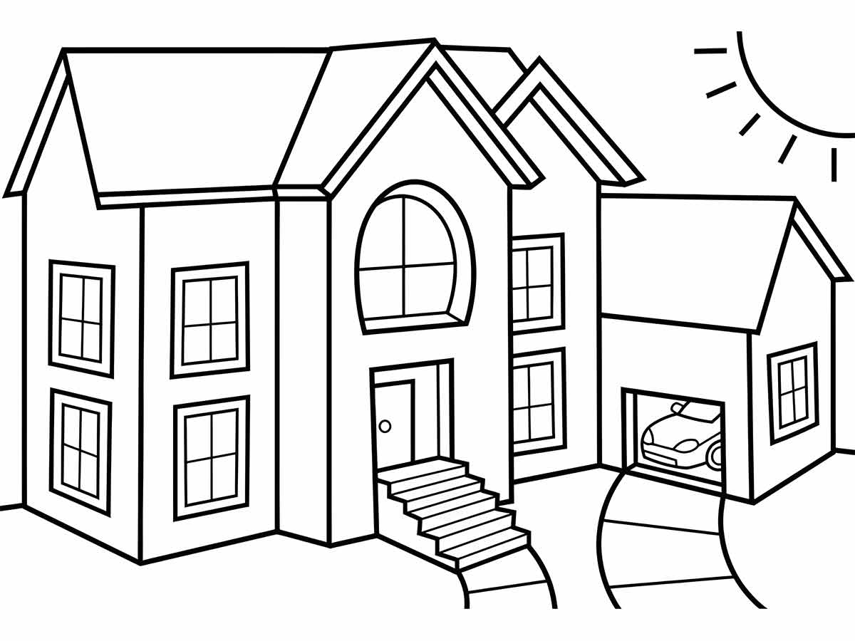 House with Garage and Car Coloring Page