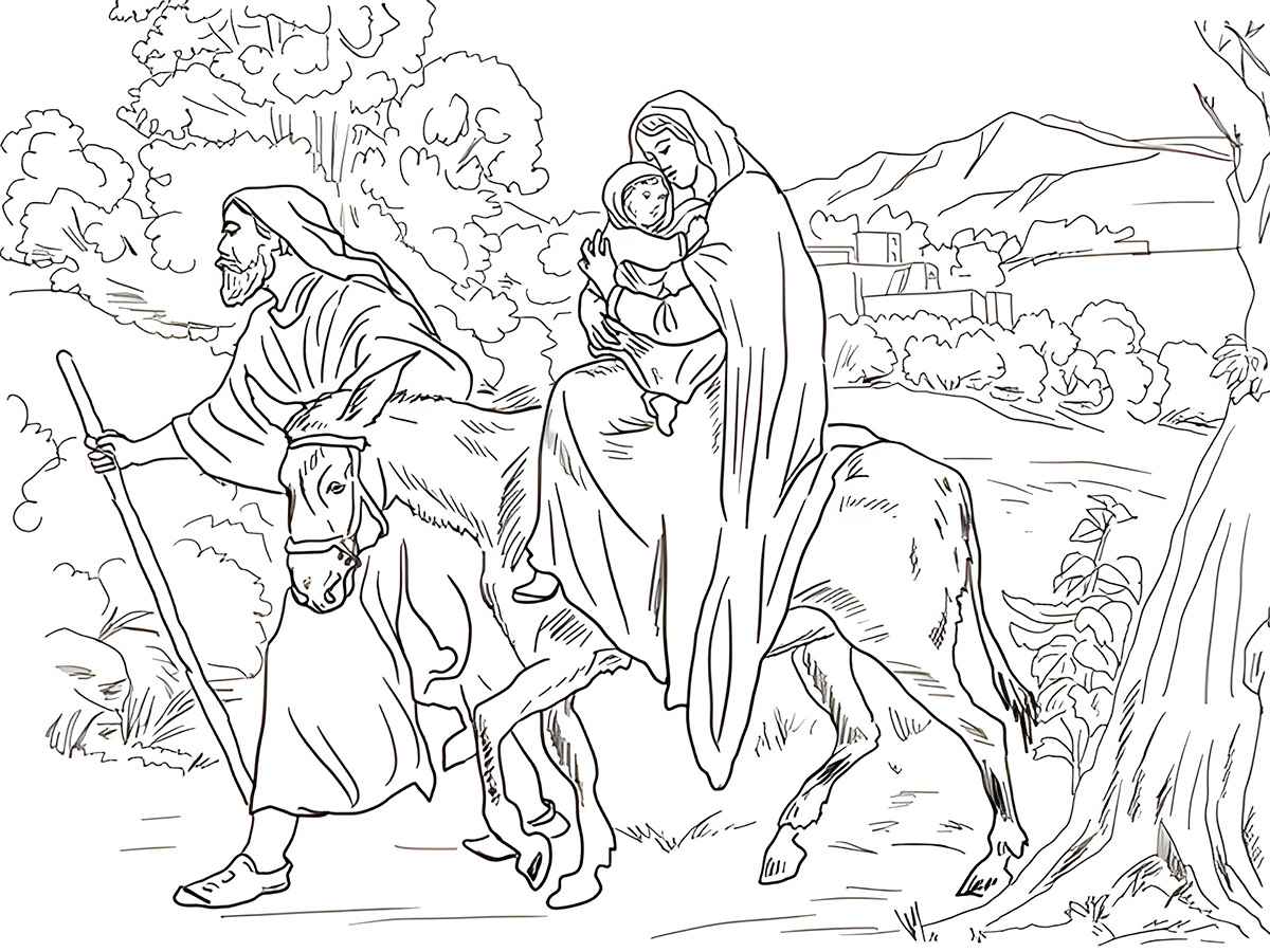 Jesus, Mary, and Joseph Fleeing to Egypt Coloring Page