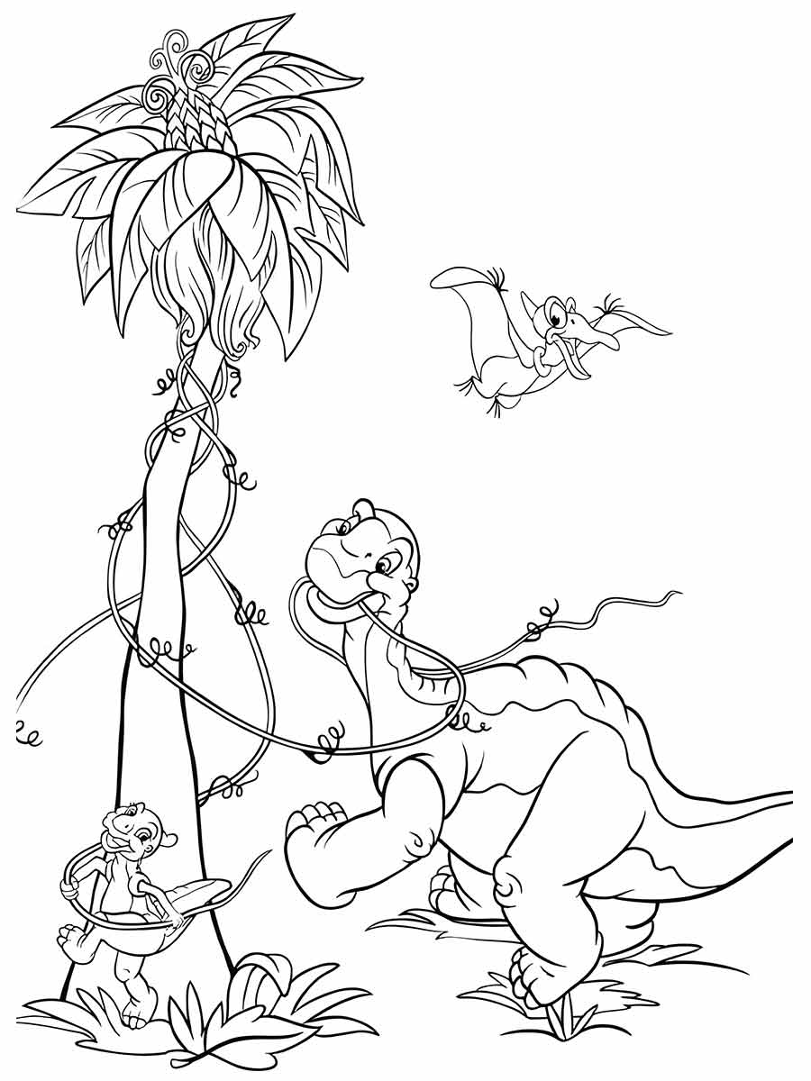 Coloring page of a jungle dinosaur with a large body and long tail, eating plants.