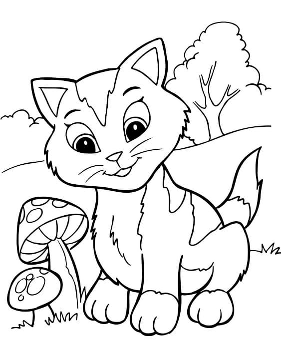 Printable coloring page of a playful kitten with big eyes and a fluffy tail.