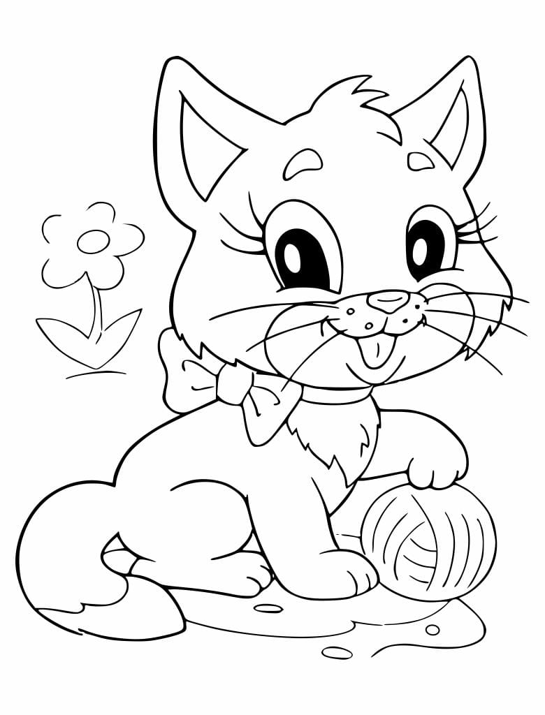 Coloring page of a kitten with a happy expression.