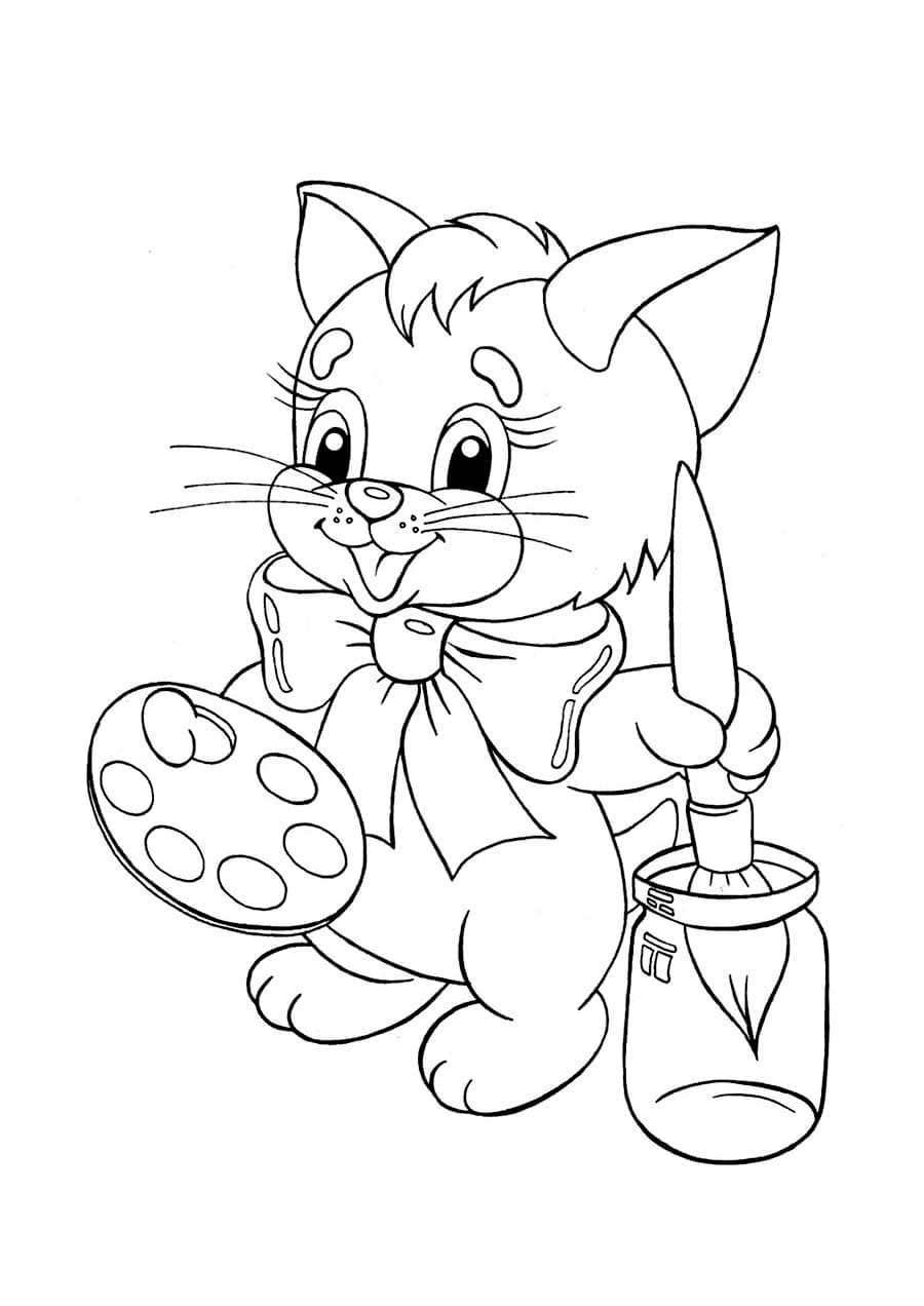 Coloring page of a cat standing with a paint palette and brush