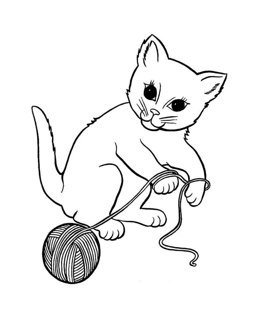 Coloring page of a kitten playing with a ball of yarn.