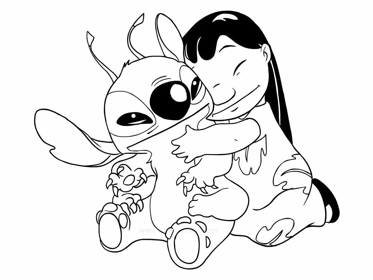 Stitch Coloring Page hugging Lilo. Stitch is a character from the movie Lilo & Stitch, a cute and mischievous alien. Lilo is a Hawaiian girl who adopts him as her pet. They are very close friends and love each other very much. In this drawing, they are hugging with joy and happiness. You can use any colors you like to paint this drawing, but the most common ones are blue for Stitch and red for Lilo's dress. You can also add details like flowers, stars, or hearts to make the drawing more beautiful and fun.