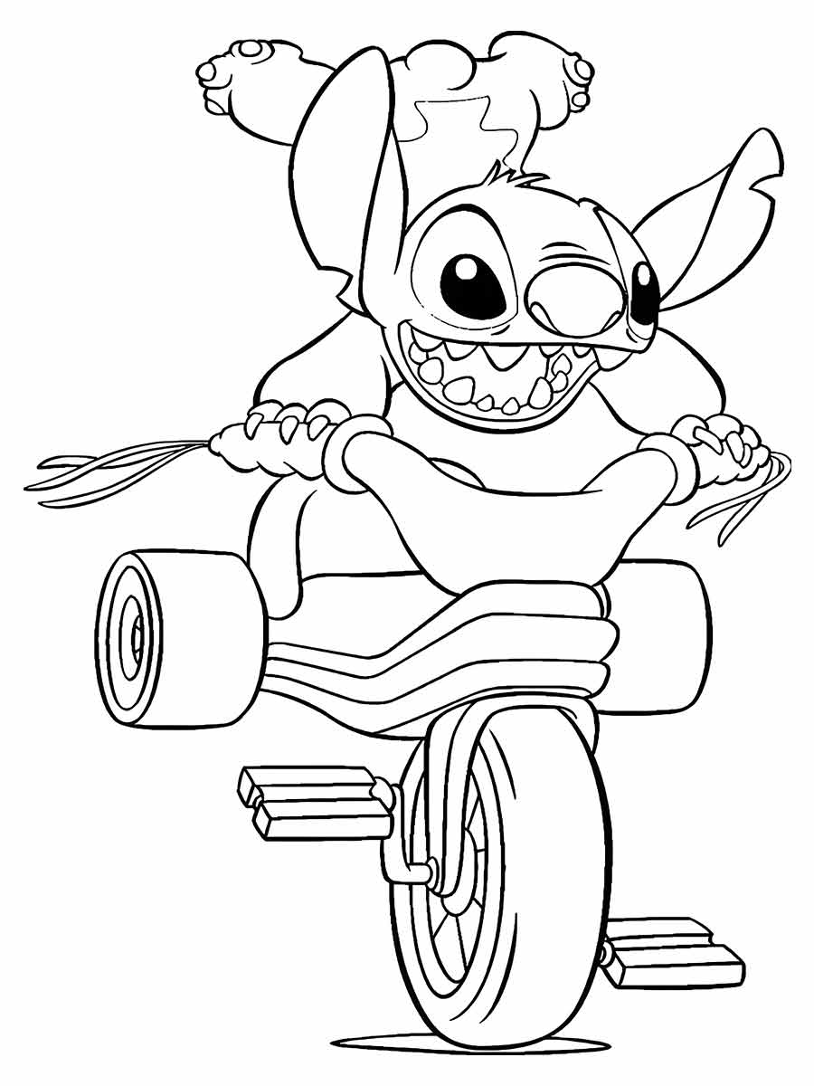 Stitch Coloring Page. In this drawing, he is riding a motorcycle.