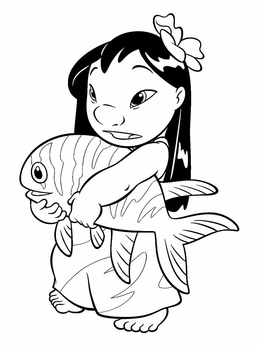 Lilo Coloring Page. In this drawing, she is holding a large fish with big eyes and fins. The fish is almost the same size as Lilo. The drawing is simple and cute, great for those who like the character and the movie.