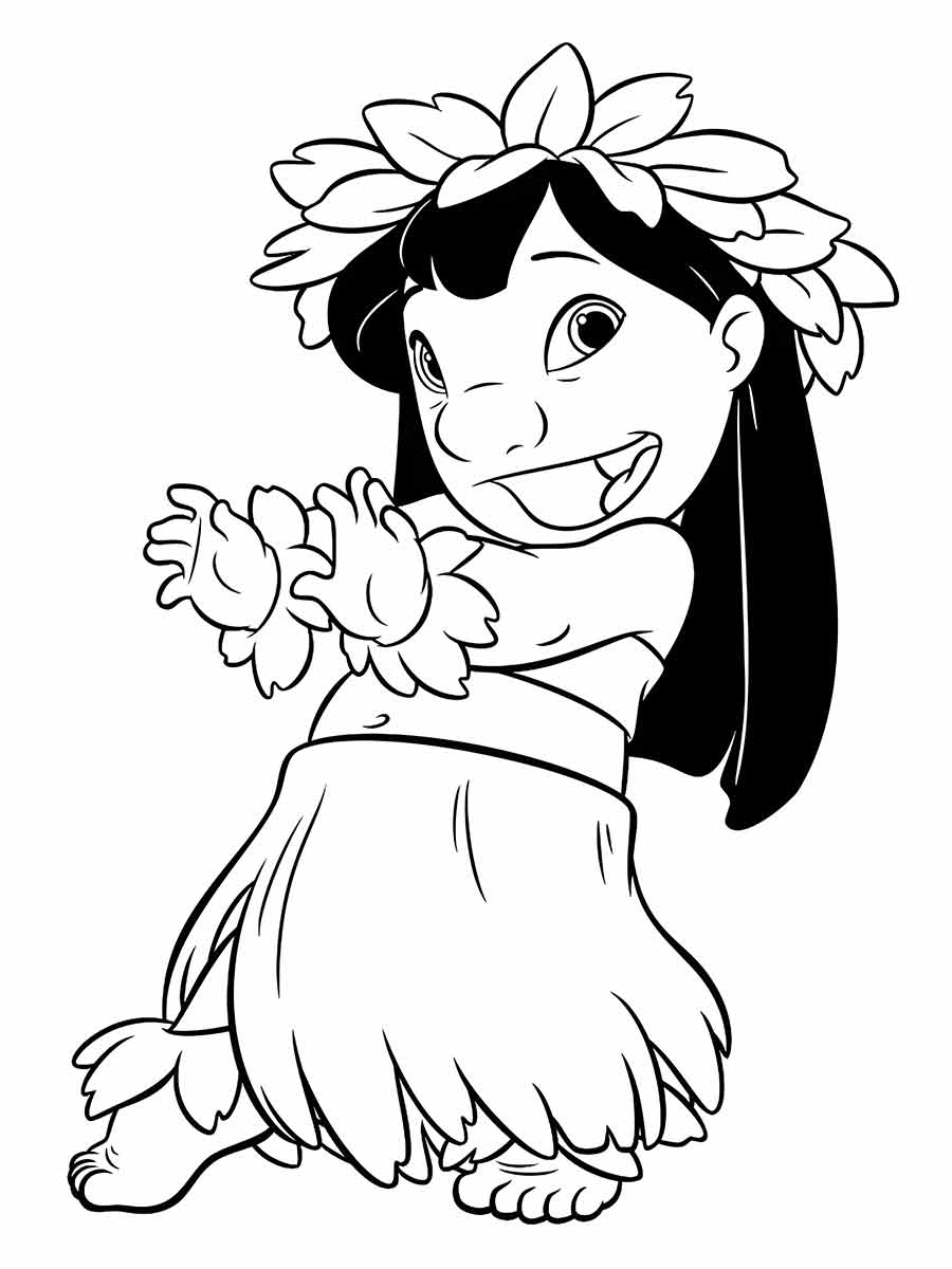 Lilo Coloring Page. She is a Hawaiian girl who loves dancing hula and taking care of animals. In this drawing, Lilo is wearing a hula skirt and a flower crown. She is dancing with her arms outstretched and a big smile on her face. The drawing is simple and cartoonish. You can use any colors you like to paint this drawing, but the most common ones are red for the dress, black for the hair, and pink for the cheeks and lips. You can also add elements like leaves, fruits, or animals to make the drawing more fun and tropical.