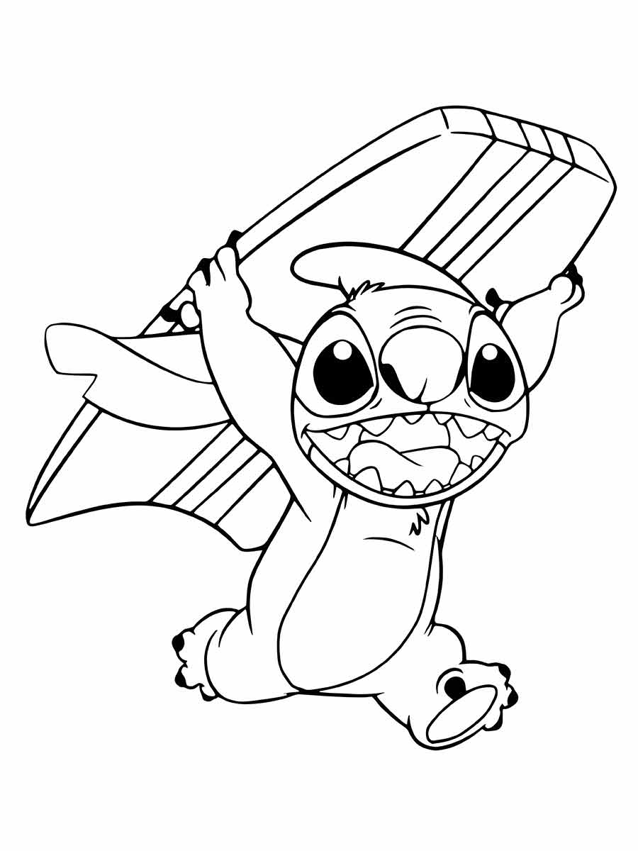 Stitch Coloring Page. He is holding a surfboard over his head with his hands.